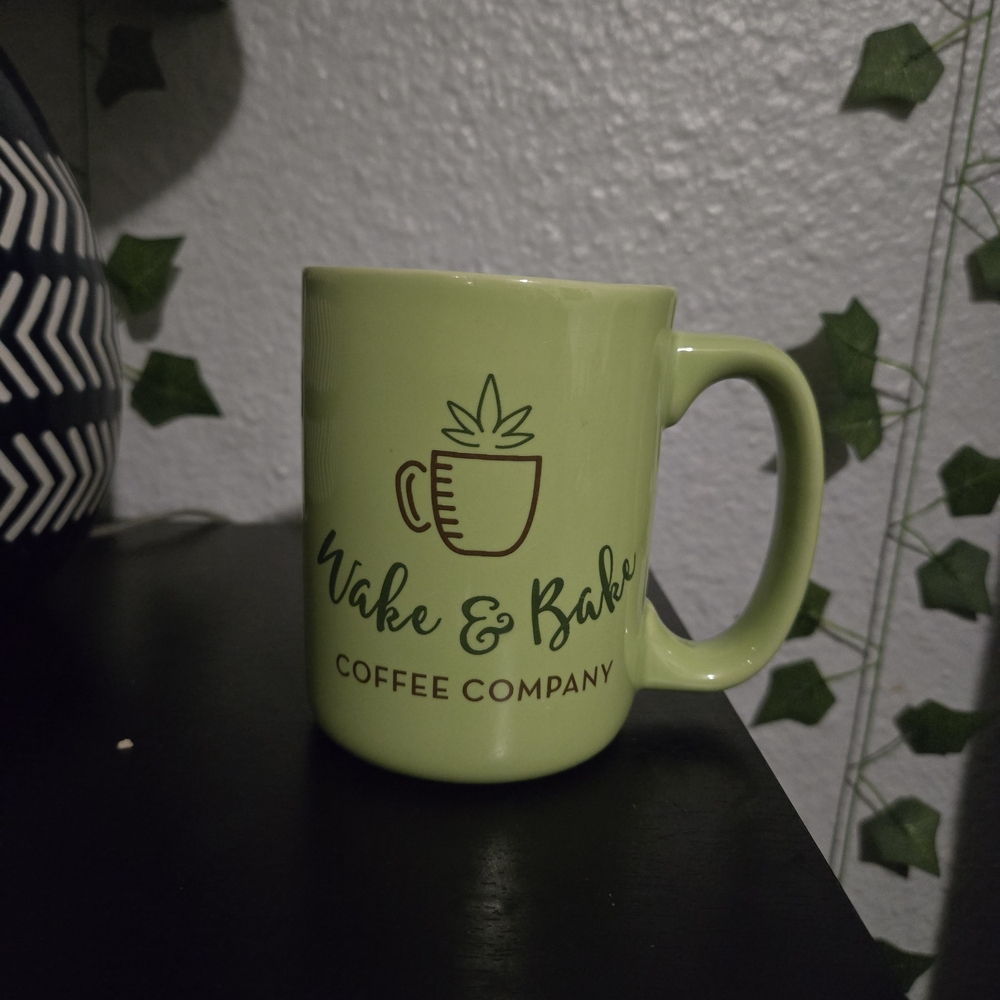 Wake and Bake Coffee Co. Mug - Ceramic Tea & Coffee Cup with Pot Leaf Logo
